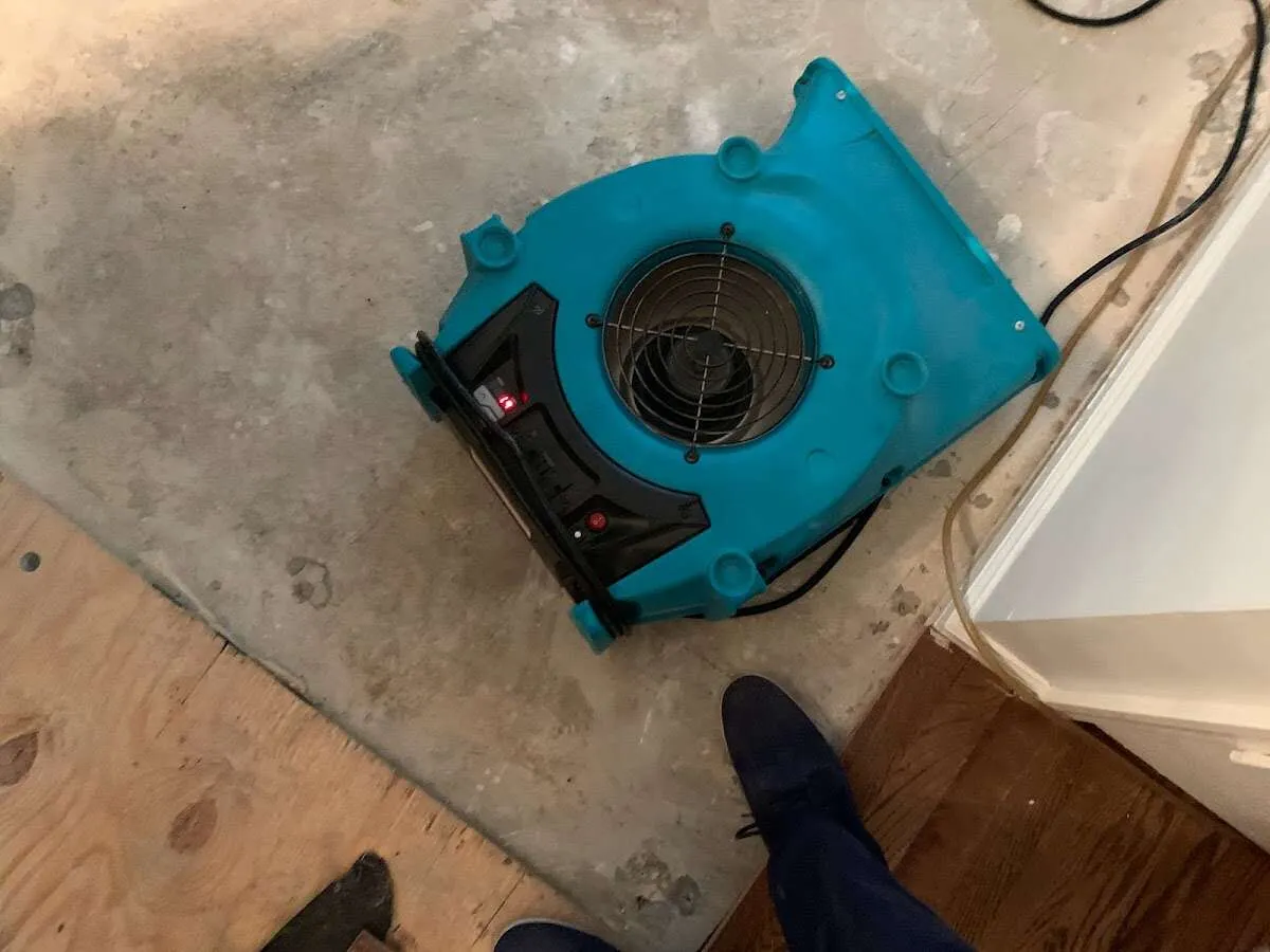 Air mover drying subfloor during Commercial Water Damage Restoration in Cherryville